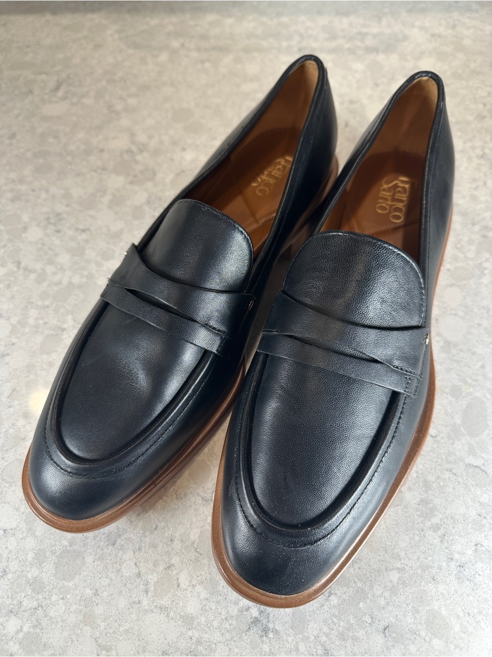 Franco Sarto Black Leather Penny Loafers with Brown Welt